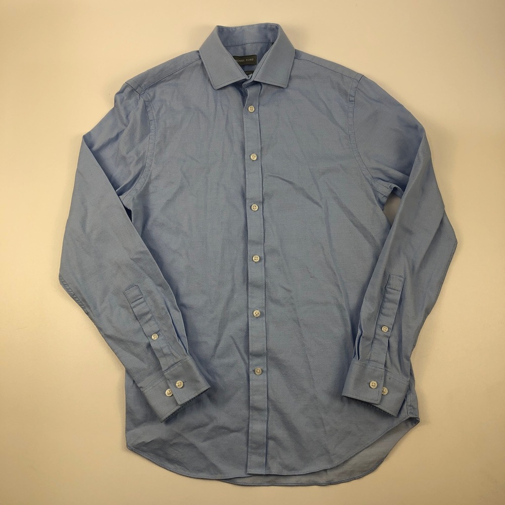 Michael Kors Dress Shirt Mens Medium 15 32/33 Slim Fit Stretch Blue Button Down